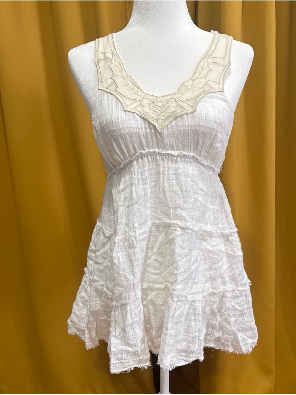 Free People White Gauze Dress with Silver Embroidered Yoke